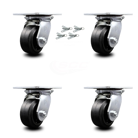 Service Caster 4 Inch Rubber on Steel Caster Set with Ball Bearings and Swivel Locks SCC SCC-35S420-RSB-BSL-4